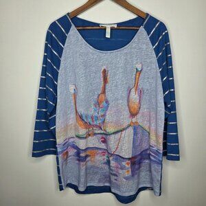 Ellen Negley Womens Pelican Metallic Striped Blouse Size XL Resort Art To Wear